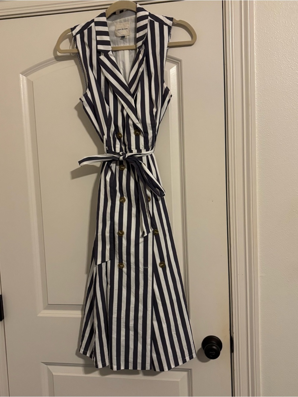 COURT & ROWE Navy and White Striped Sleeveless Midi Trench Dress